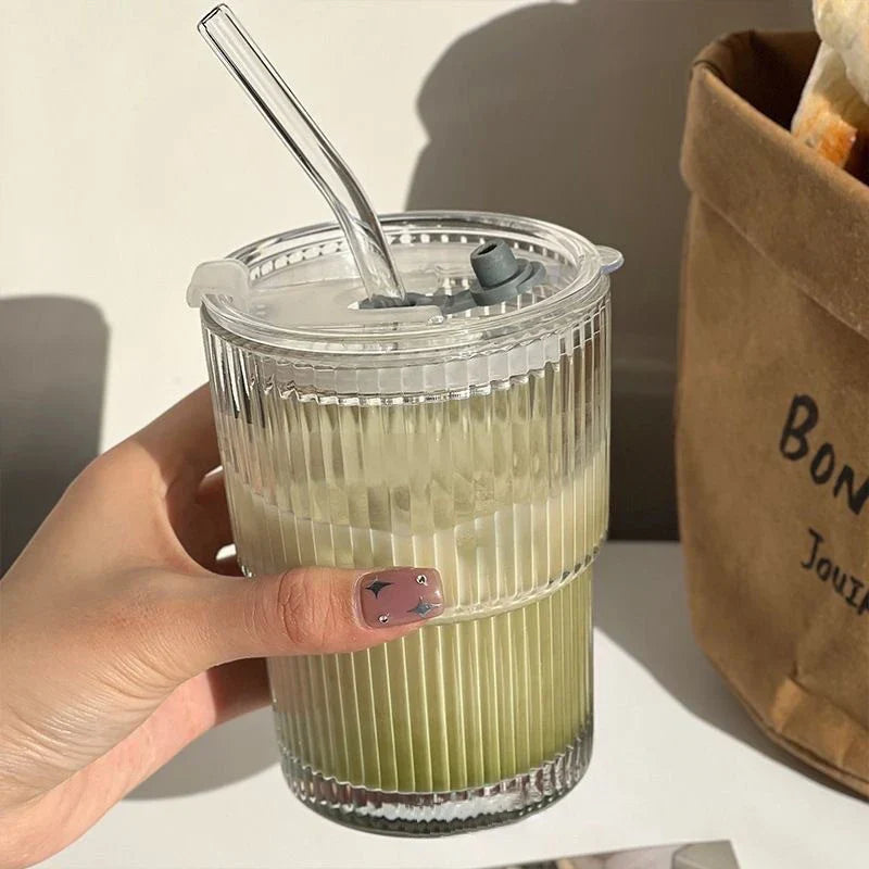 Insulated Glass Tumbler with Straw & Lid - Heat-Resistant Borosilicate Cup for Hot & Cold Drinks - Portable Coffee Mug for Commute, Office,