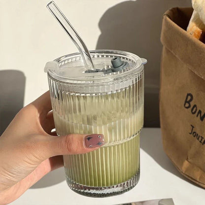 Glass Travel Tumbler with Straw & Lid for Coffee, Tea & Juice - Insulated Borosilicate Cup with Ribbed Design - Reusable Portable Drinkware