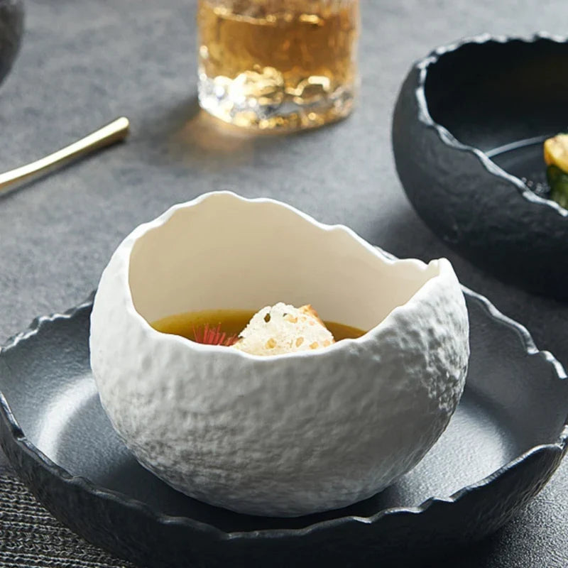 Porcelain Serving Bowl 8 Inch Round Dish for Salads Soups Desserts Appetizers Snacks Kitchen Dinnerware White Black