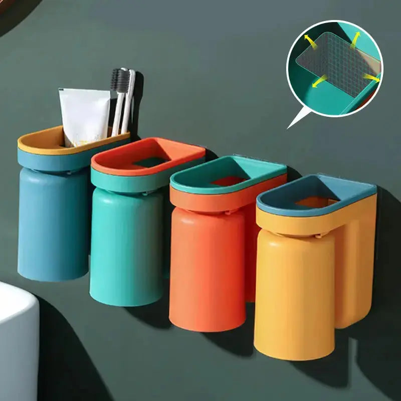 Organisateur de salle de bain adhésif en plastique ABS, 12,7 cm de haut, support pour gobelet et dentifrice avec système d'égouttage, lot de 2 pour un comptoir de salle de bain familial sans encombrement