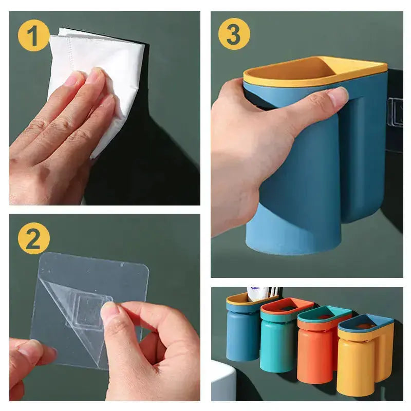 Organisateur de salle de bain adhésif en plastique ABS, 12,7 cm de haut, support pour gobelet et dentifrice avec système d'égouttage, lot de 2 pour un comptoir de salle de bain familial sans encombrement