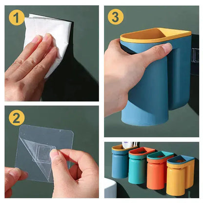 Organisateur de salle de bain adhésif en plastique ABS, 12,7 cm de haut, support pour gobelet et dentifrice avec système d'égouttage, lot de 2 pour un comptoir de salle de bain familial sans encombrement