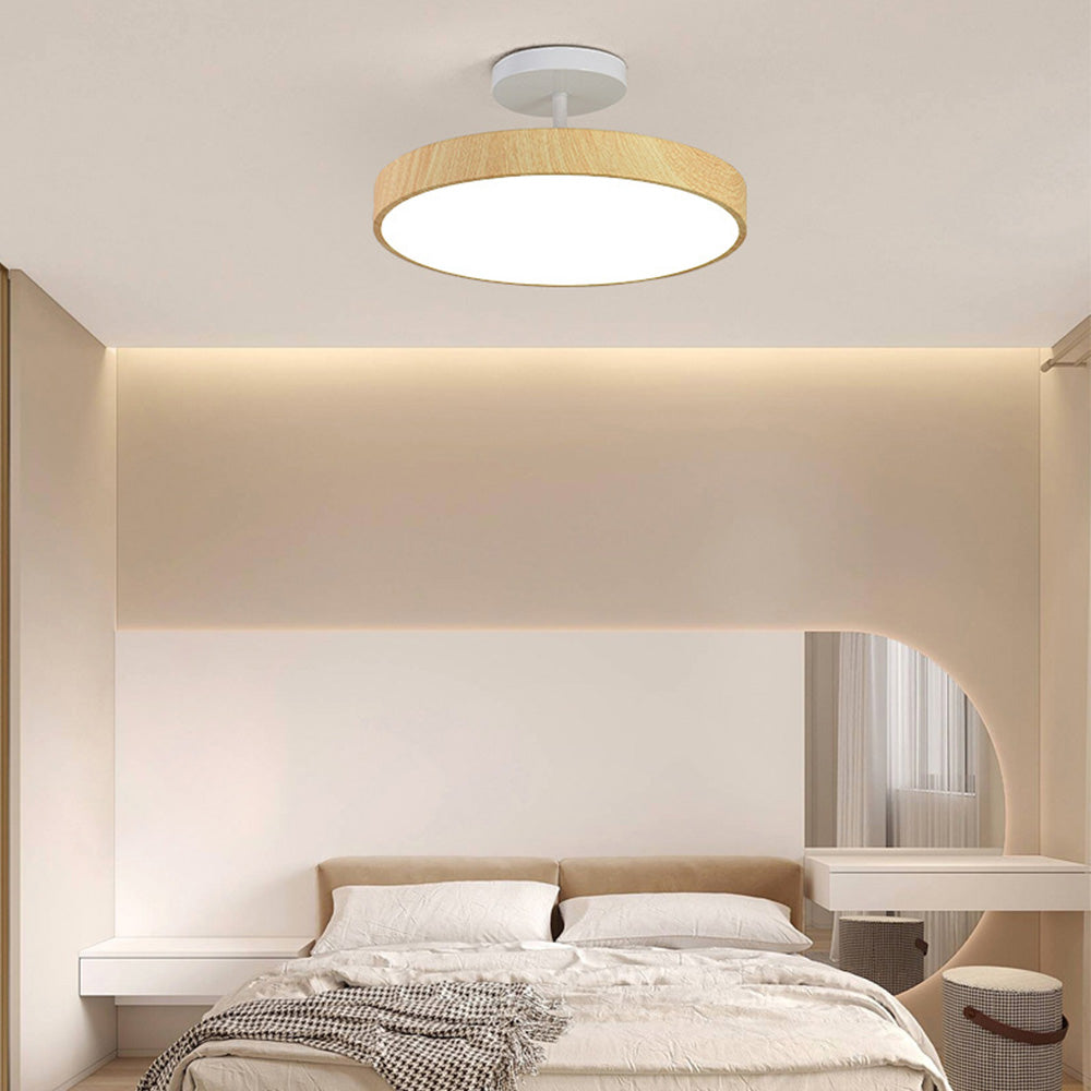 Flush Mount Ceiling Light with Wood Grain Finish & Gold Frame – Modern Scandinavian Design for Living Room, Bedroom & Dining Room