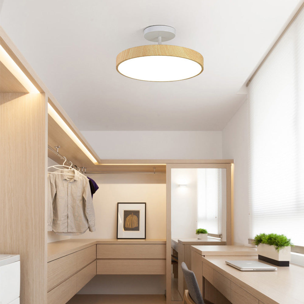 Flush Mount Ceiling Light with Wood Grain Finish & Gold Frame – Modern Scandinavian Design for Living Room, Bedroom & Dining Room