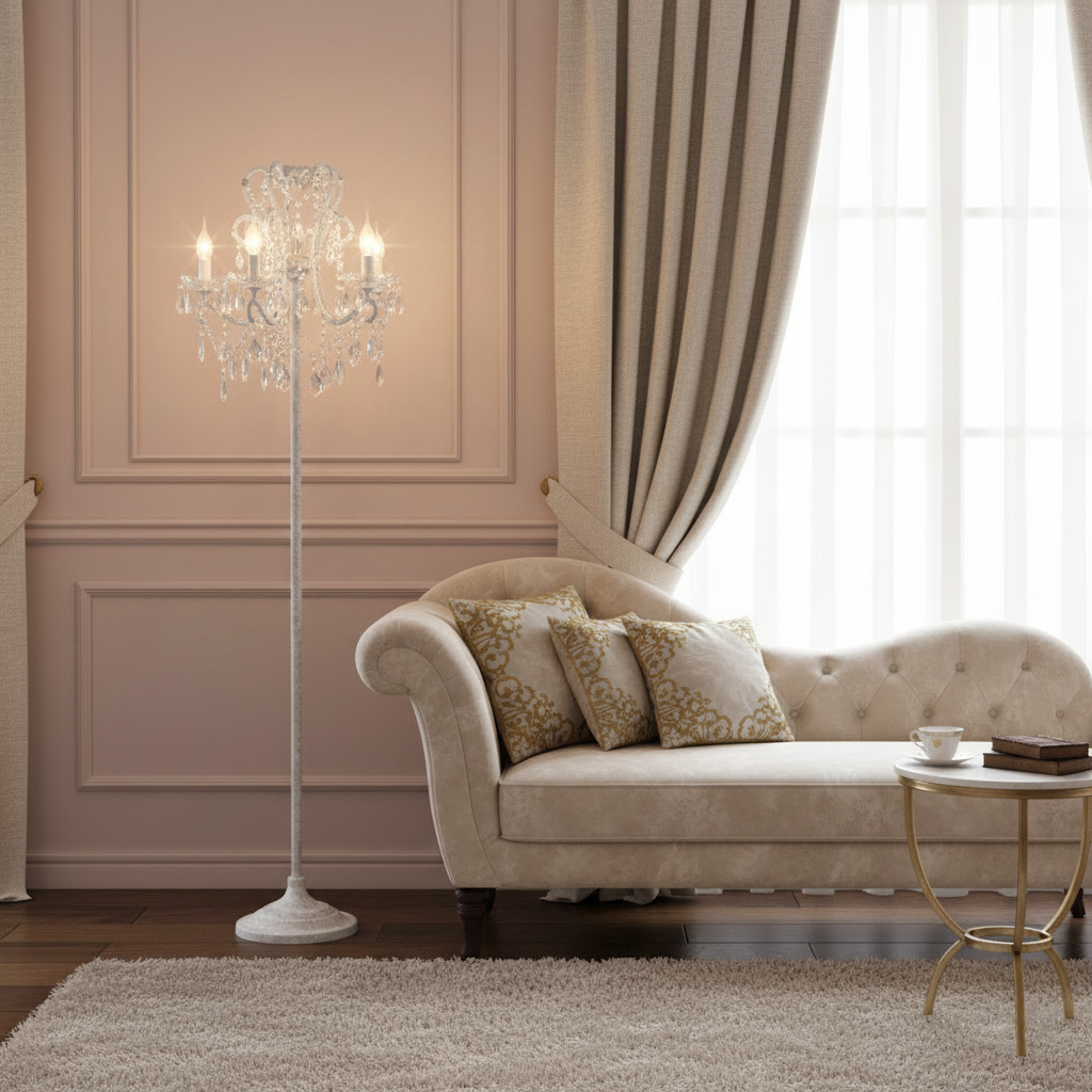 Crystal Accent Floor Lamp with Iron Frame | Vintage White & Gold Standing Light for Bedroom Living Room | Dimmable E14 Compact 21-Inch Heigh