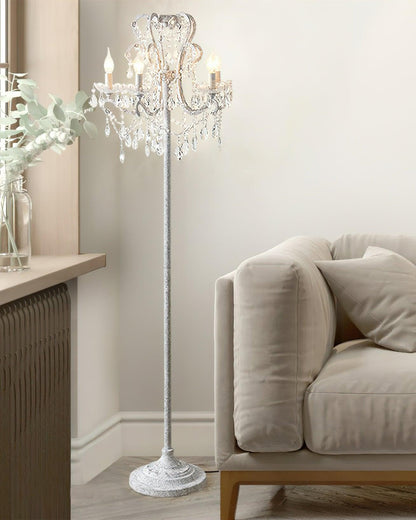 Crystal Accent Floor Lamp with Iron Frame | Vintage White & Gold Standing Light for Bedroom Living Room | Dimmable E14 Compact 21-Inch Heigh
