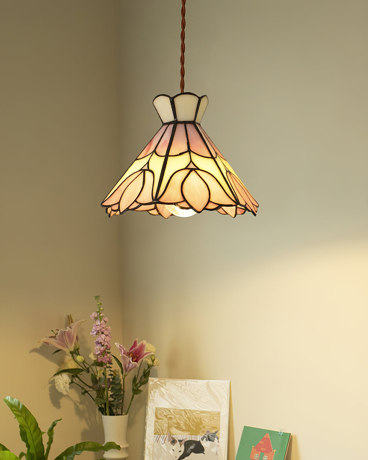 Art Glass Hanging Ceiling Fixture Floral Rose Blush Ivory 7.8 Inch Adjustable Drop Lighting for Kitchen Island Dining Table Breakfast Nook S