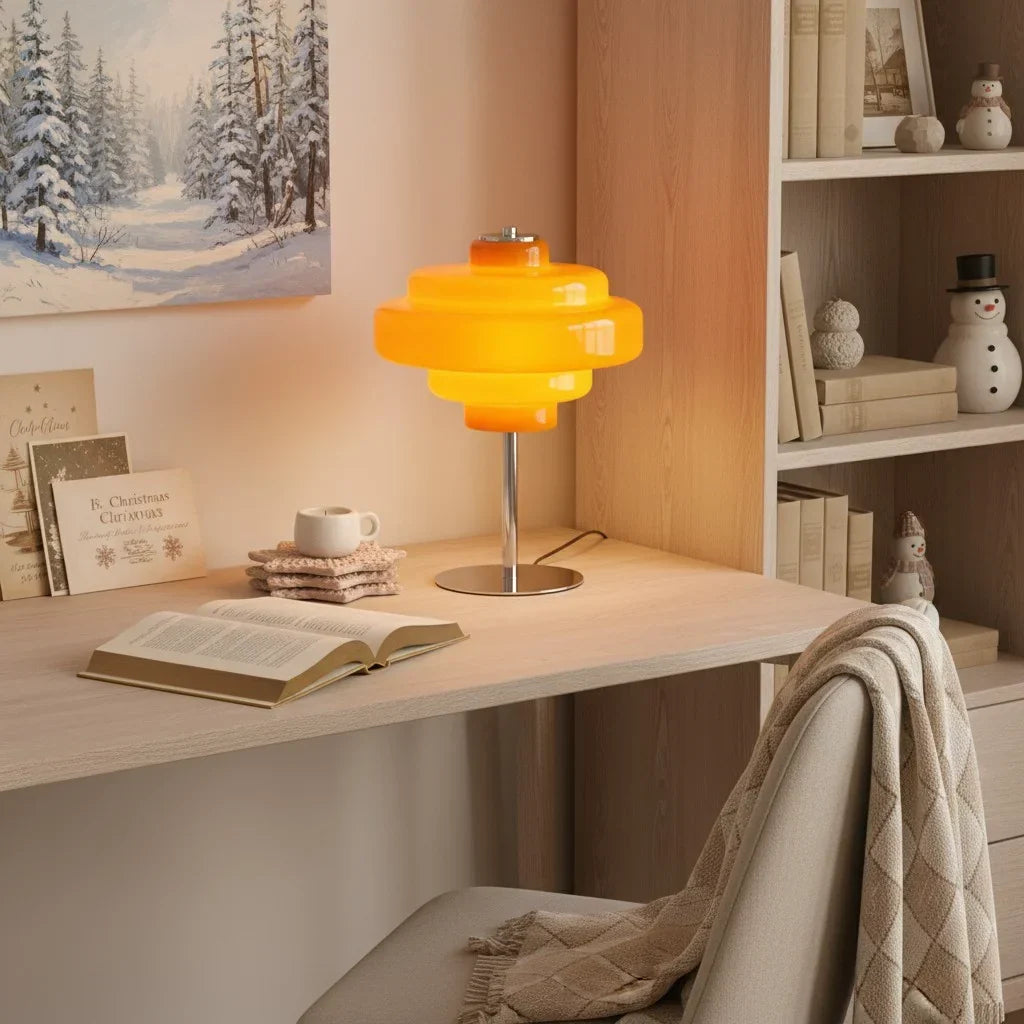 Compact Accent Lamp with Layered Glass Shade 8 in Sculptural Nightstand Light for Bedroom Office Desk Modern Decorative Glow Small Space