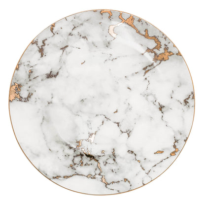 Porcelain Appetizer Plates with Faux Marble Pattern & Metallic Accent – 8 in & 10 in Serving Dishes for Salad, Dessert & Entrees