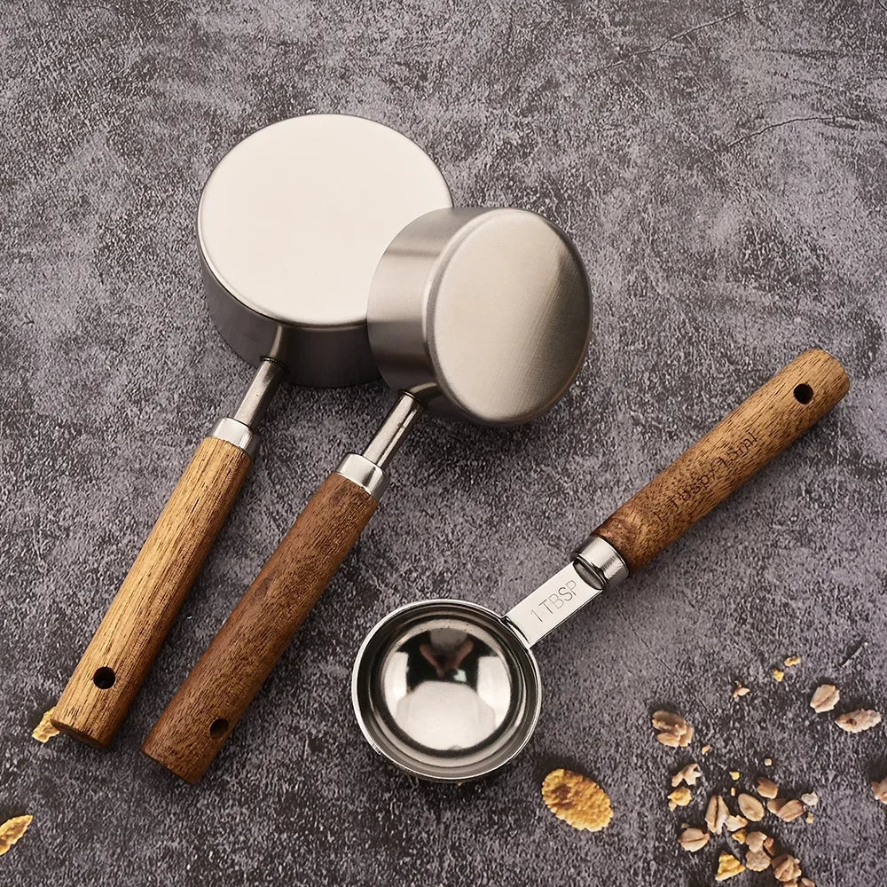 Stainless Steel Kitchen Measuring Spoons 8-Piece Set with Wood Handles for Baking Cooking Spice Portioning Recipe Prep Home Chef Tools