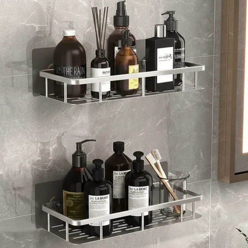 Organisateur de douche d'angle adhésif à montage mural – Étagère de rangement étanche sans perçage pour salle de bain, toilettes et lavabo – ABS et acier en noir ou argent