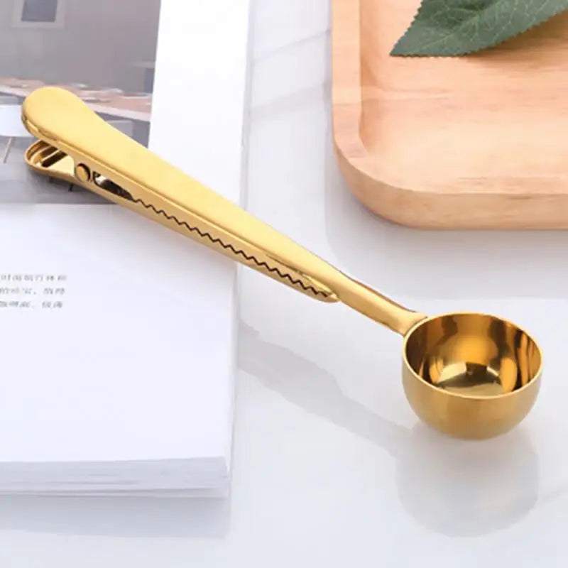 Stainless Steel Measuring Scoop with Bag Sealing Clip for Coffee Beans Tea Leaves Kitchen Storage Organization Silver Gold Black Rose Gold