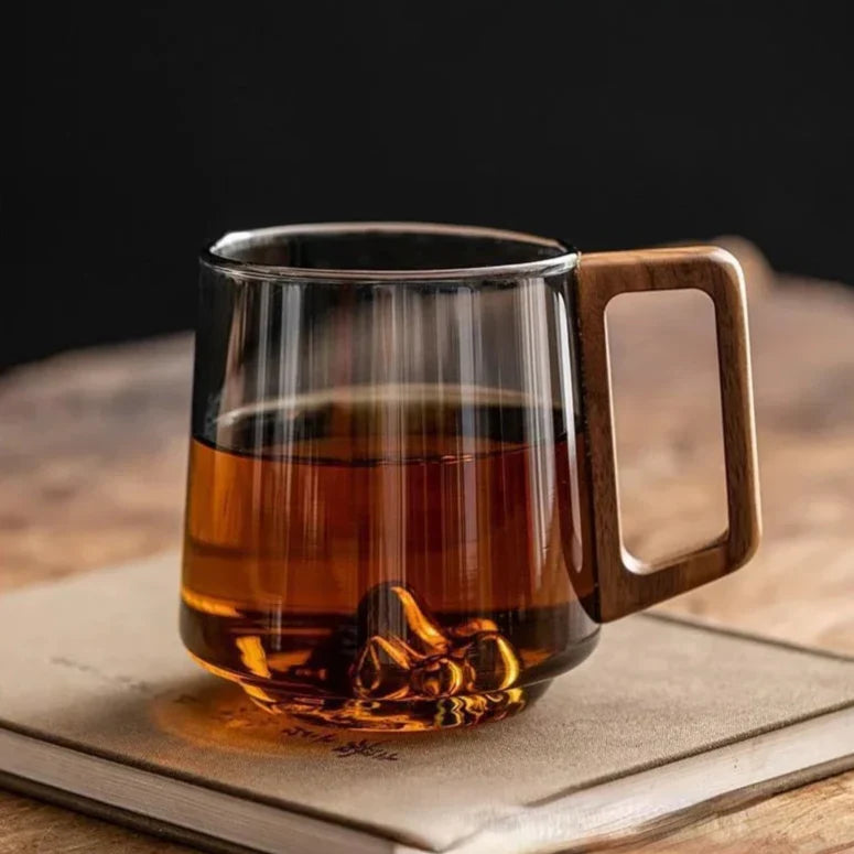 Alpine-Inspired Clear Glass Coffee Mug with Wooden Handle for Tea, Coffee & Hot Beverages | Borosilicate Heat-Resistant Drinkware for Home,