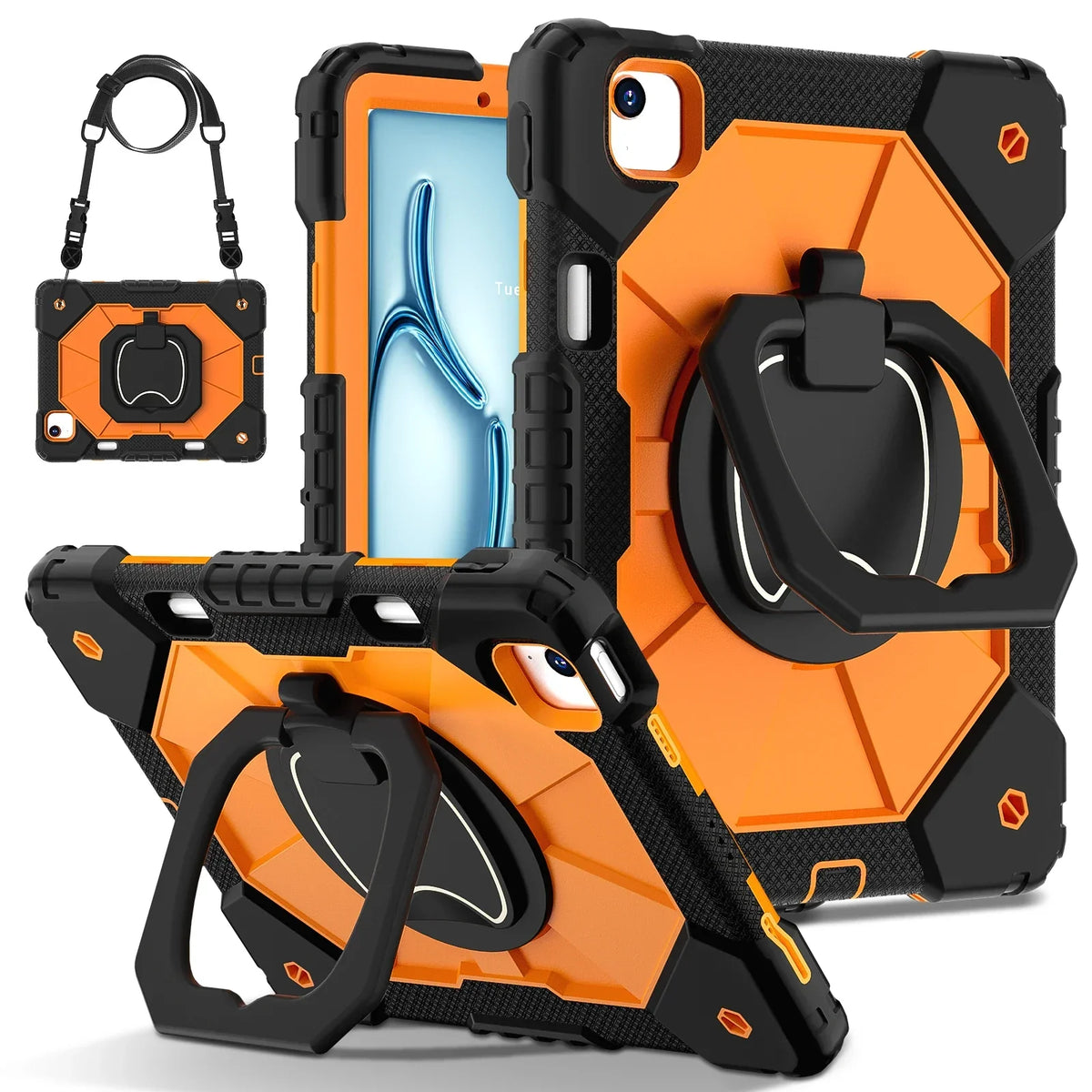Triple-Layer iPad Protective Case with 360° Rotating Hand Grip, Integrated Kickstand & Shoulder Strap | Tempered Glass Screen Protector