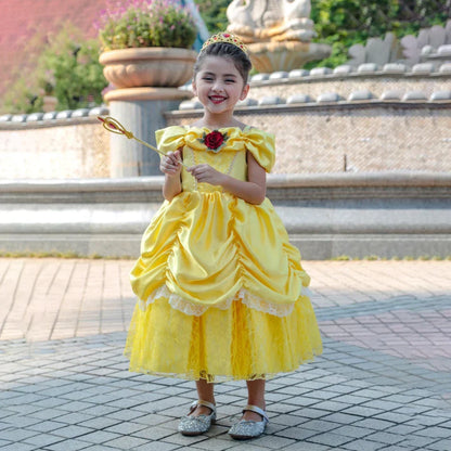 Girls Princess Gown Costume with Tiara and Gloves – Complete Belle-Inspired Dress-Up Set for Birthday Parties, Halloween, Cosplay & Special