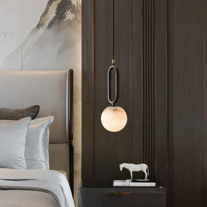 Stone Hanging Light Fixture Natural Marble Pendant with Copper Detail Black Gold for Kitchen Island Dining Room Bedroom Hotel Lobby Modern M