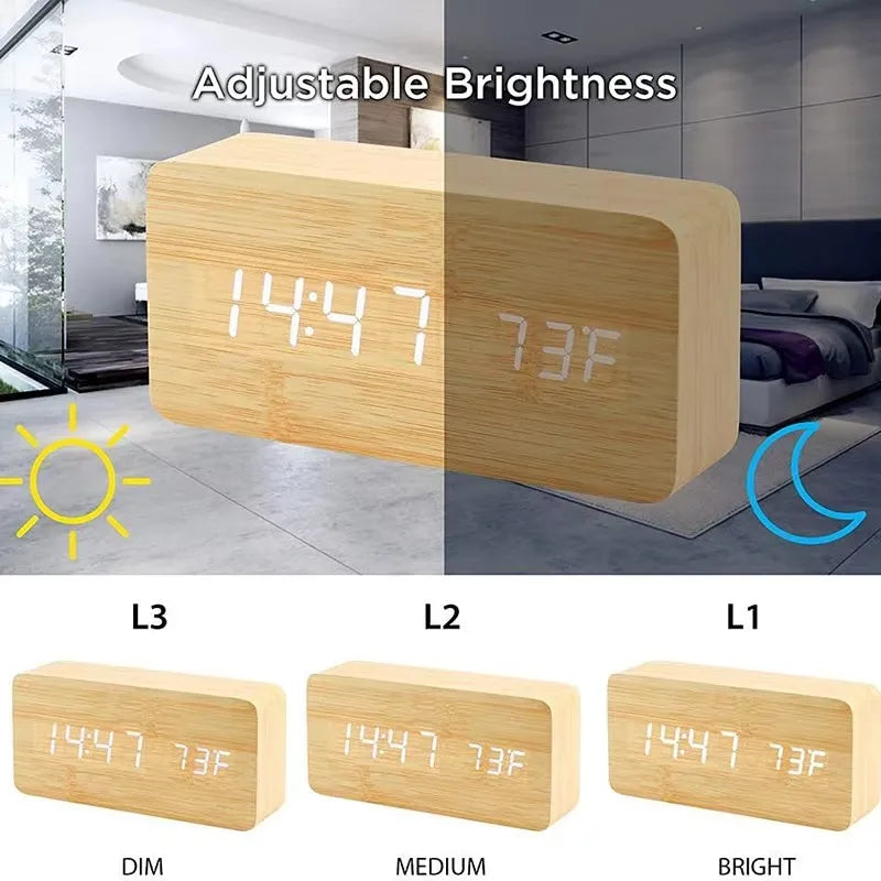 Réveil numérique à LED avec triple alarme, affichage de la température, réglage de la luminosité, finition grain de bois, alimentation USB, pour chambre, bureau, table de chevet