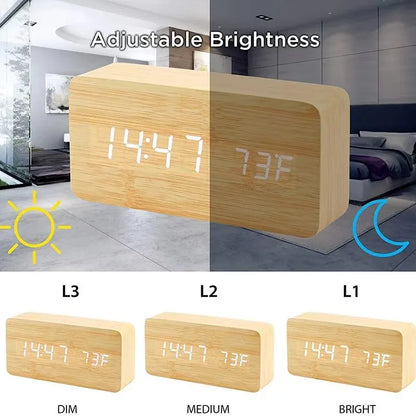 Réveil numérique à LED avec triple alarme, affichage de la température, réglage de la luminosité, finition grain de bois, alimentation USB, pour chambre, bureau, table de chevet