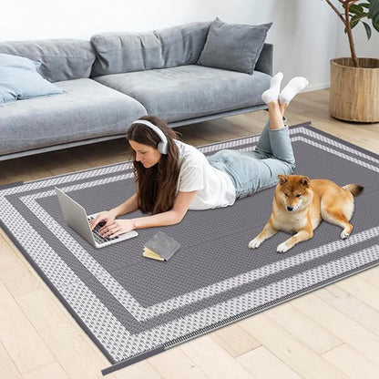 Tapis de sol résistant aux intempéries pour terrasses, porches et jardins, 150 × 240 cm, revêtement de patio tissé réversible gris pour camping, camping-car et balcon