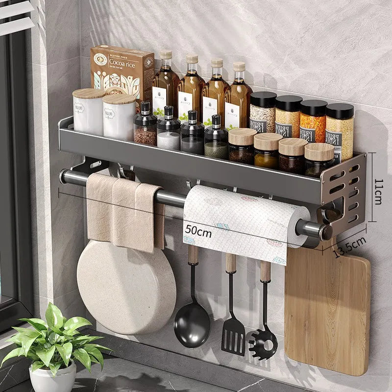 Organisateur d'étagère en aluminium, porte-épices mural de 20 pouces gris acier avec barre à serviettes, installation par adhésif ou vis pour petite cuisine ou appartement en location