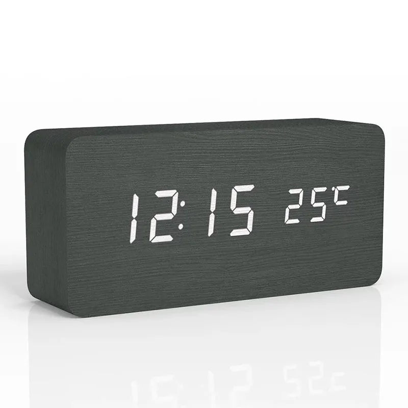 Wood Grain Digital Alarm Clock with LED Display – Silent No-Tick Design for Bedroom, Nightstand & Desk – Battery or USB Powered Timepiece