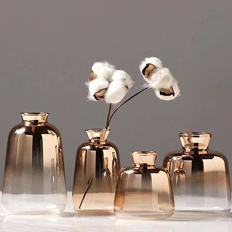 Rose Gold Glass Bud Vase 4 Inch Tall Metallic Gradient Floral Holder Tabletop Accent Small Decorative Vessel for Fresh Cut Flowers & Dried S