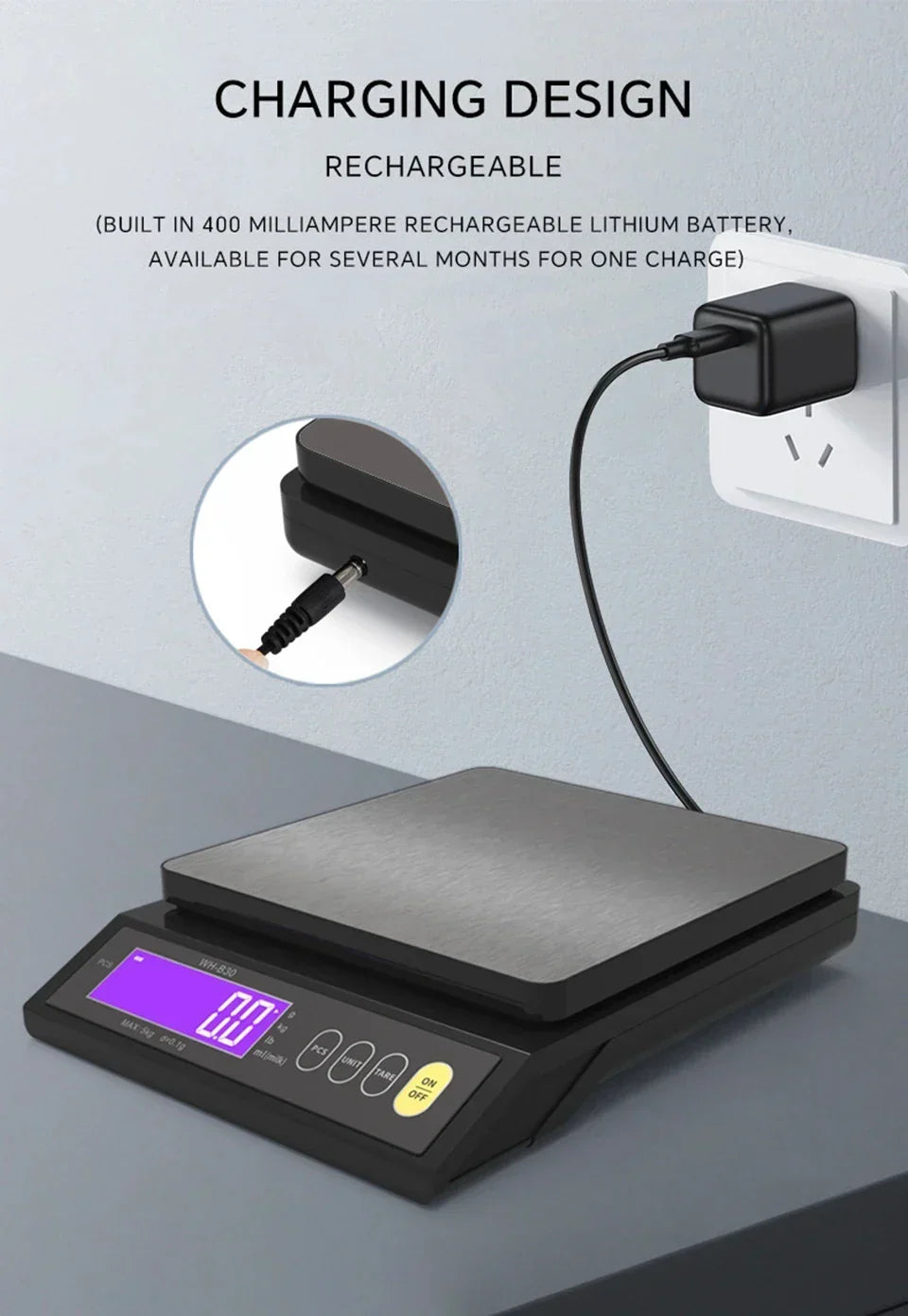 Balance de cuisine numérique étanche – Capacité de 5 kg / 1 g ou 10 kg / 1 g, balance culinaire rechargeable à écran LCD pour la préparation des repas, la pâtisserie et le contrôle des portions
