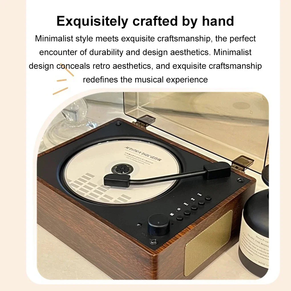 Compact Desktop Audio System Wireless Bluetooth 5.1 Disc Player Walnut Wood Design USB AUX Built-In Speaker 2000mAh Rechargeable Battery Rem