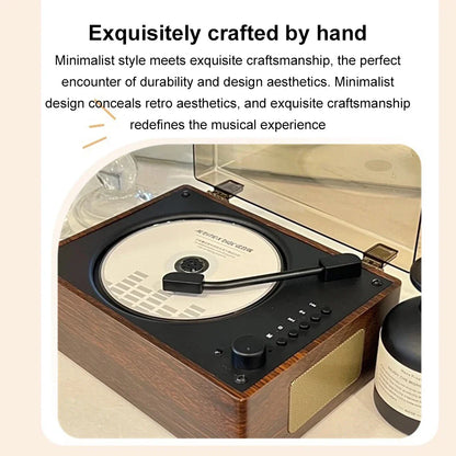 Compact Desktop Audio System Wireless Bluetooth 5.1 Disc Player Walnut Wood Design USB AUX Built-In Speaker 2000mAh Rechargeable Battery Rem
