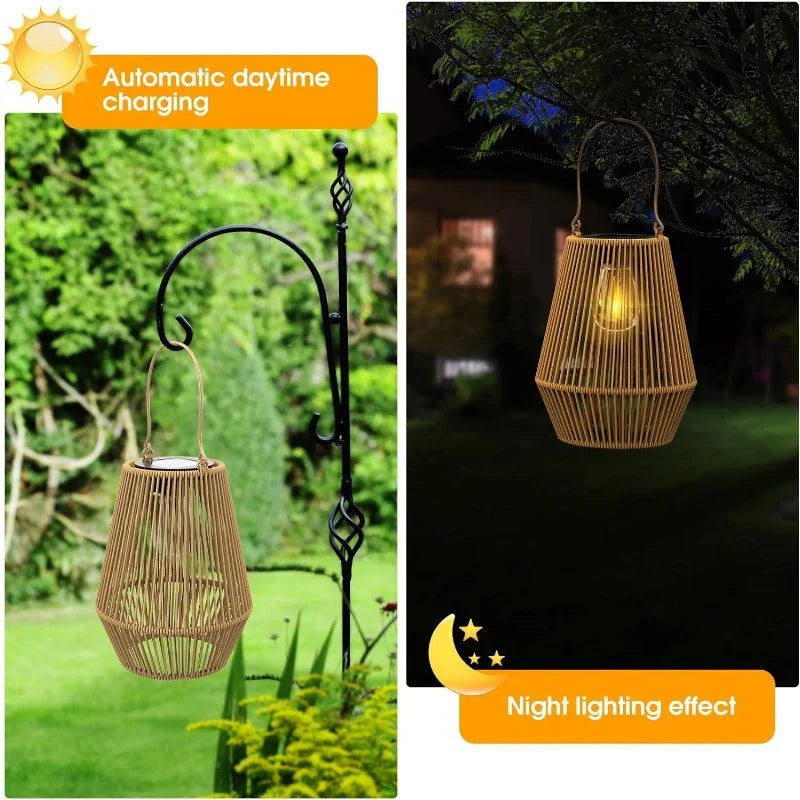 Solar Hanging Lantern Woven Wicker Style 8in Weatherproof LED Light for Patio Garden Balcony Porch Outdoor Spaces Cordless Automatic Dusk Da