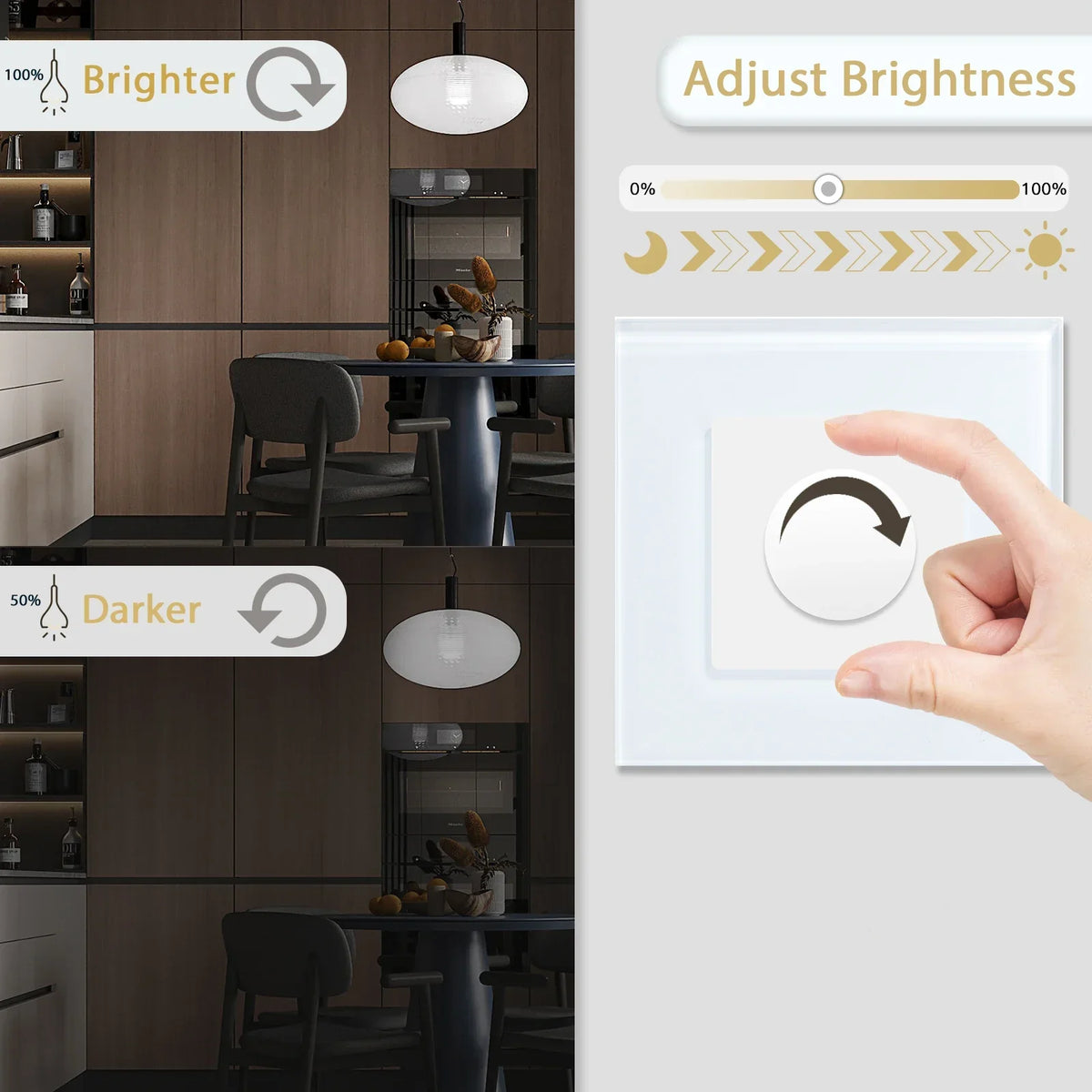 Variateur rotatif 3,4 pouces avec panneau en verre, commande tactile, compatible LED, pour chambre, salon, salle à manger, montage mural domestique