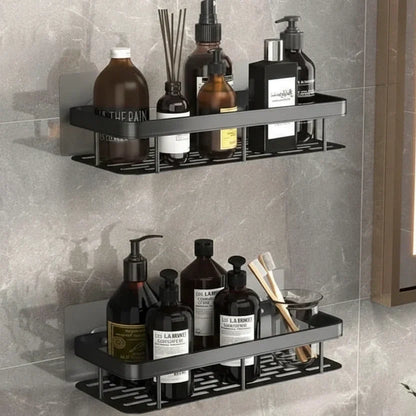 Organisateur de douche d'angle adhésif à montage mural – Étagère de rangement étanche sans perçage pour salle de bain, toilettes et lavabo – ABS et acier en noir ou argent