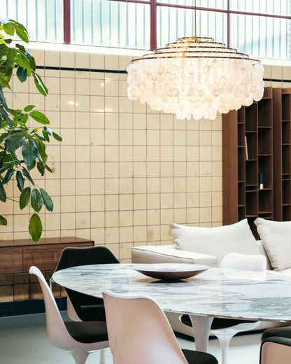 Cascading Shell Pendant Light Fixture Chrome Finish 28 Inches Adjustable Hanging Ceiling Lamp for Dining Room Kitchen Island Open Living Spa