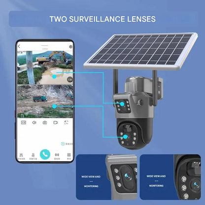 Caméra de sécurité solaire à double objectif | PTZ 360° zoom 10x | 12 000 mAh IP66 4G Wi-Fi