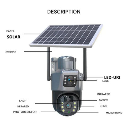 Caméra de sécurité solaire à double objectif | PTZ 360° zoom 10x | 12 000 mAh IP66 4G Wi-Fi