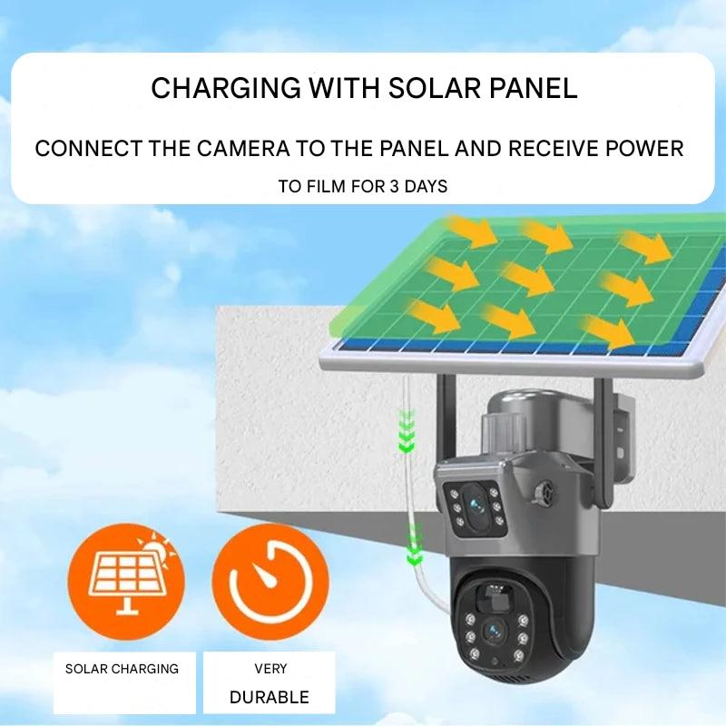 Caméra de sécurité solaire à double objectif | PTZ 360° zoom 10x | 12 000 mAh IP66 4G Wi-Fi