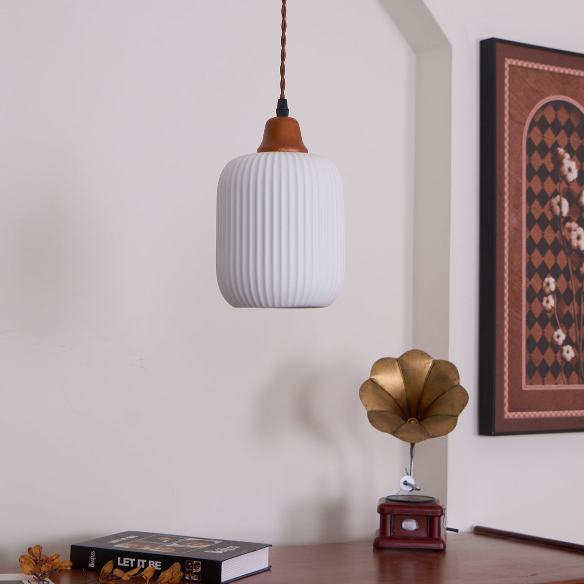Ceramic Hanging Light Fixture White 9 Inch Diameter Adjustable Cord for Kitchen Island Dining Table Bedroom Restaurant Modern Farmhouse Styl