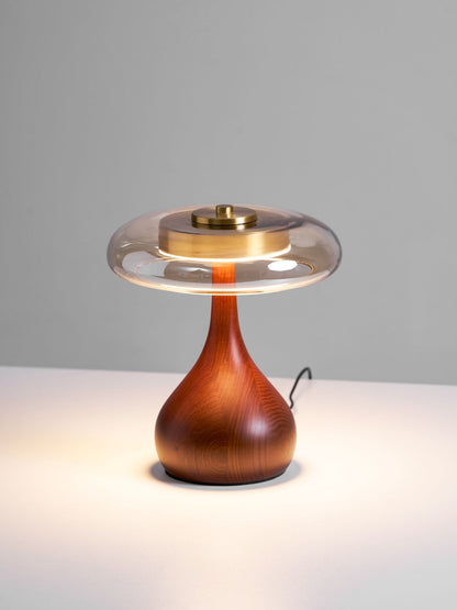 LED Desk Lamp with Amber Glass Shade & Natural Wood Base for Home Office, Bedroom & Nightstand | Adjustable Color Temperature 3000K-6000K