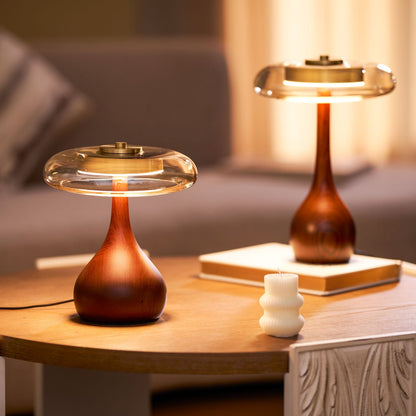 LED Desk Lamp with Amber Glass Shade & Natural Wood Base for Home Office, Bedroom & Nightstand | Adjustable Color Temperature 3000K-6000K