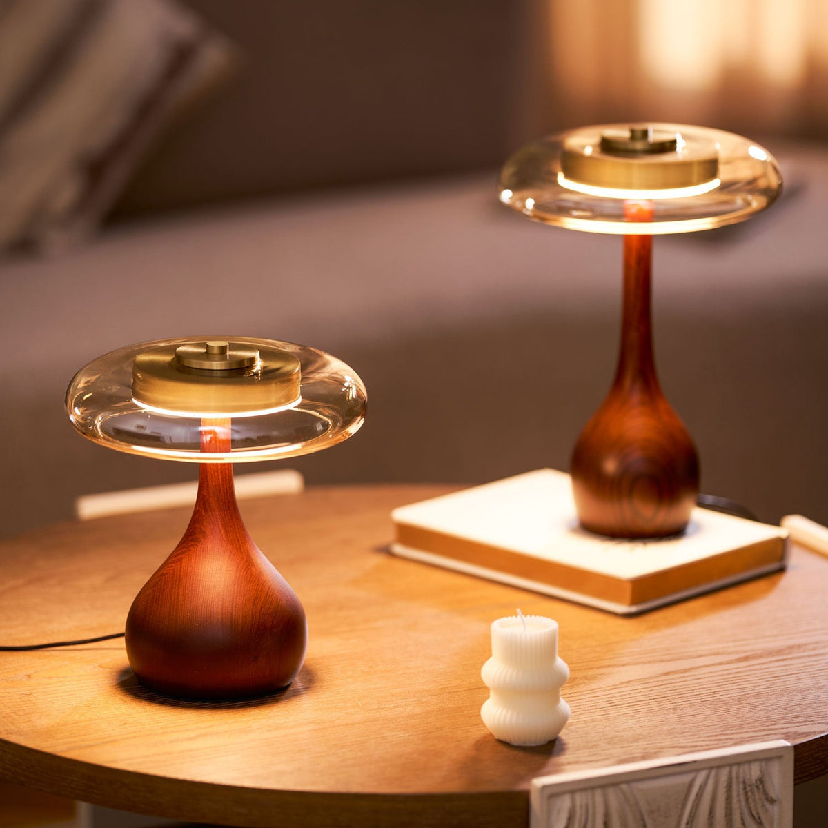 LED Desk Lamp with Amber Glass Shade & Natural Wood Base for Home Office, Bedroom & Nightstand | Adjustable Color Temperature 3000K-6000K