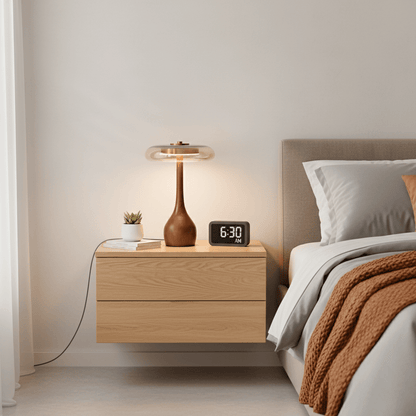 LED Desk Lamp with Amber Glass Shade & Natural Wood Base for Home Office, Bedroom & Nightstand | Adjustable Color Temperature 3000K-6000K