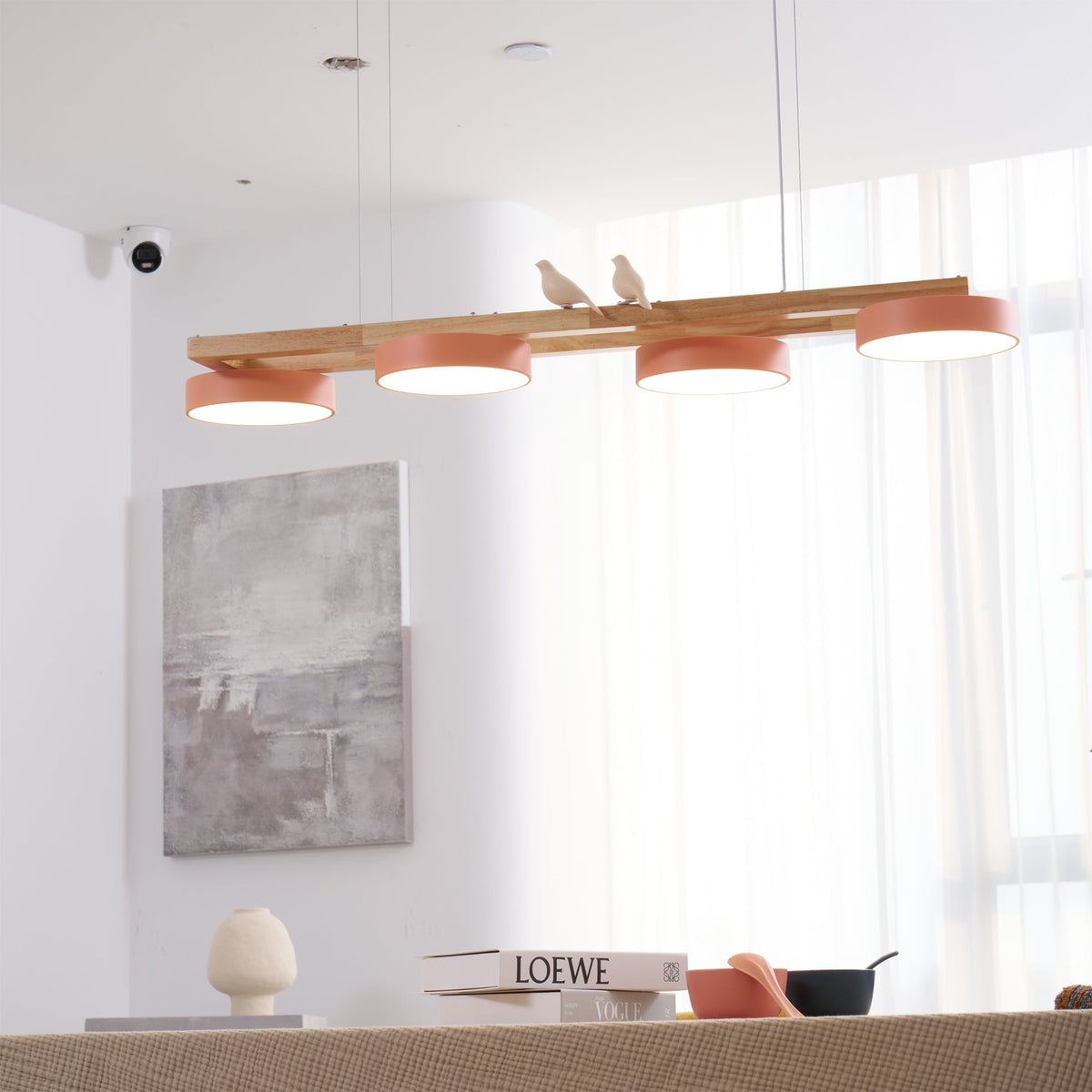 Linear LED Fixture with Bird Accents for Kitchen Island Dining Room 40 in Wooden Hanging Light 1400 Lumens Adjustable Modern Farmhouse Overh