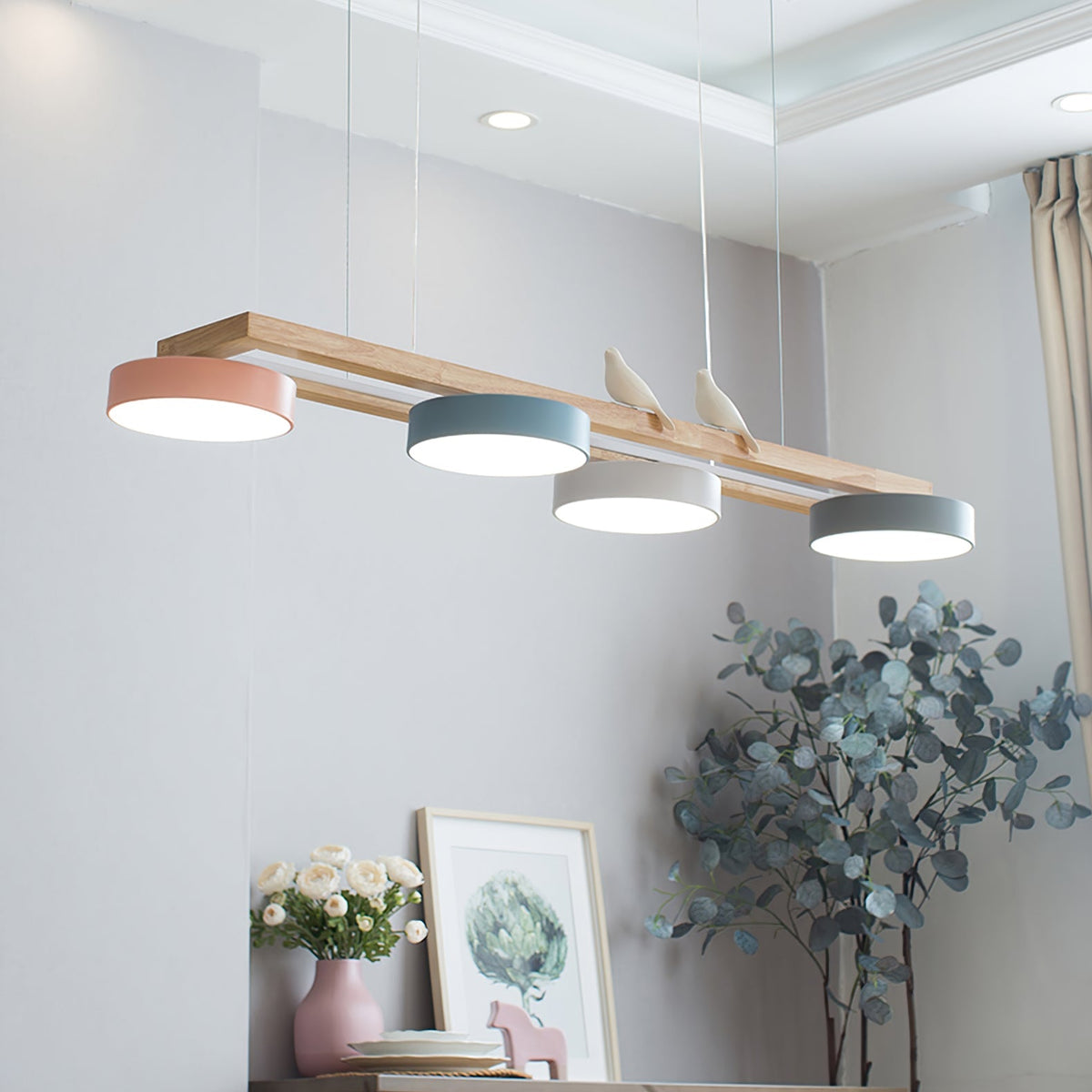 Linear LED Fixture with Bird Accents for Kitchen Island Dining Room 40 in Wooden Hanging Light 1400 Lumens Adjustable Modern Farmhouse Overh