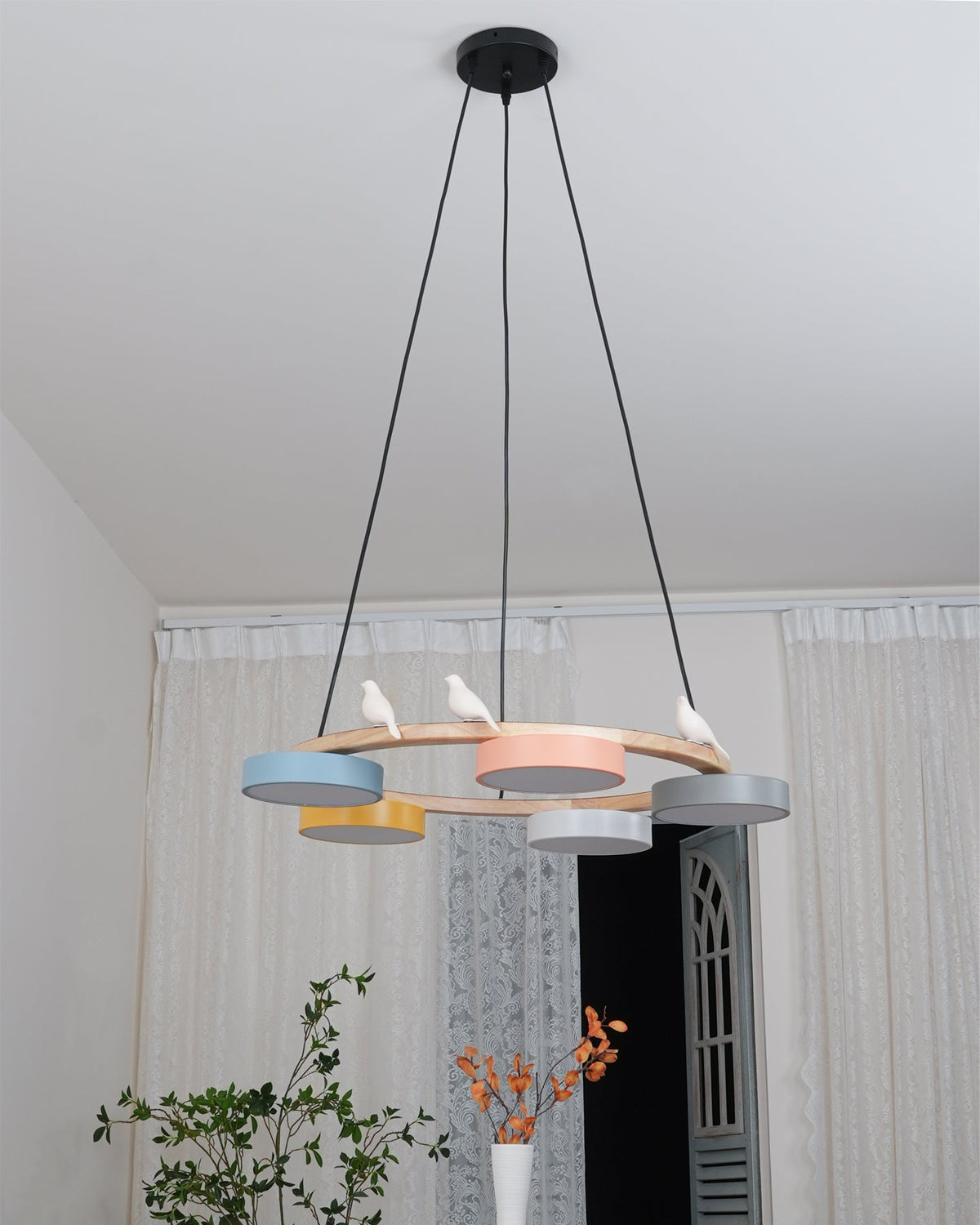 Round Wooden Ceiling Light with Bird Accents 26 Inch 4-Bulb LED Fixture Adjustable Height for Dining Room Kitchen Living Room Hallway Entryw