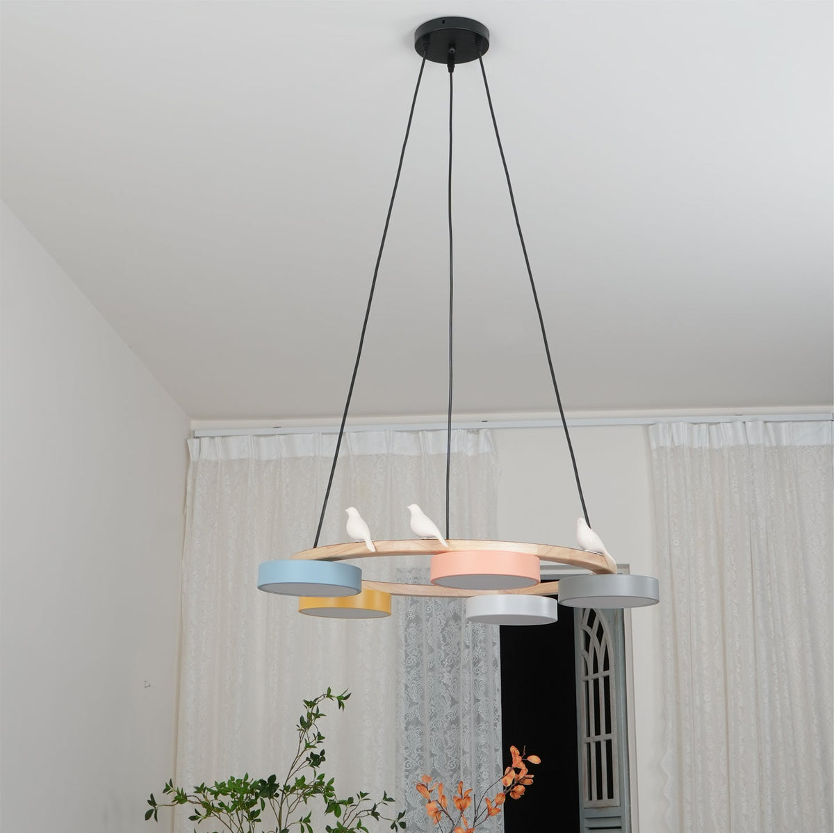 Round Wooden Ceiling Light with Bird Accents 26 Inch 4-Bulb LED Fixture Adjustable Height for Dining Room Kitchen Living Room Hallway Entryw