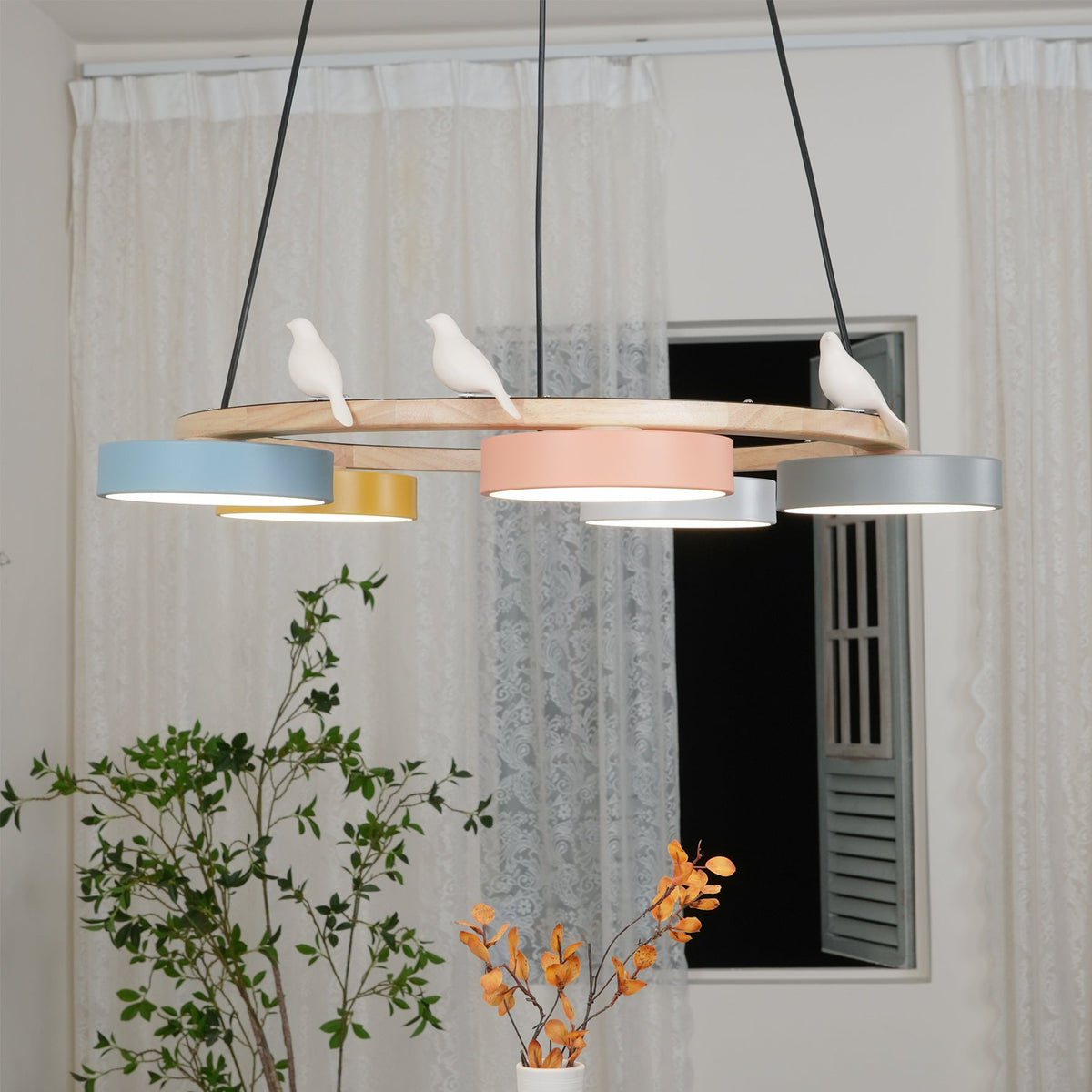 Round Wooden Ceiling Light with Bird Accents 26 Inch 4-Bulb LED Fixture Adjustable Height for Dining Room Kitchen Living Room Hallway Entryw