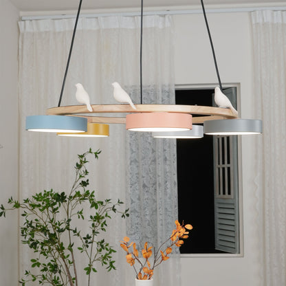 Round Wooden Ceiling Light with Bird Accents 26 Inch 4-Bulb LED Fixture Adjustable Height for Dining Room Kitchen Living Room Hallway Entryw