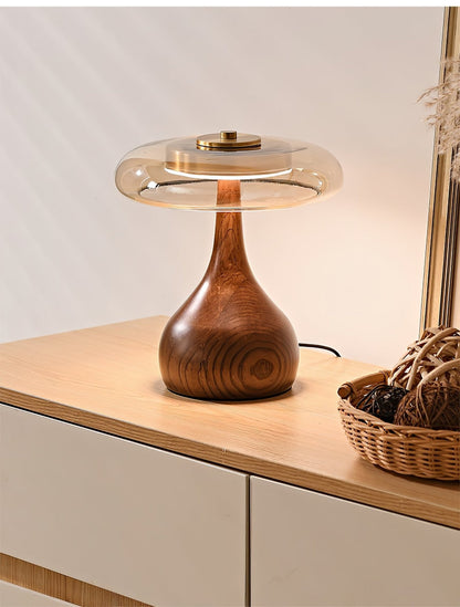 LED Desk Lamp with Amber Glass Shade & Natural Wood Base for Home Office, Bedroom & Nightstand | Adjustable Color Temperature 3000K-6000K