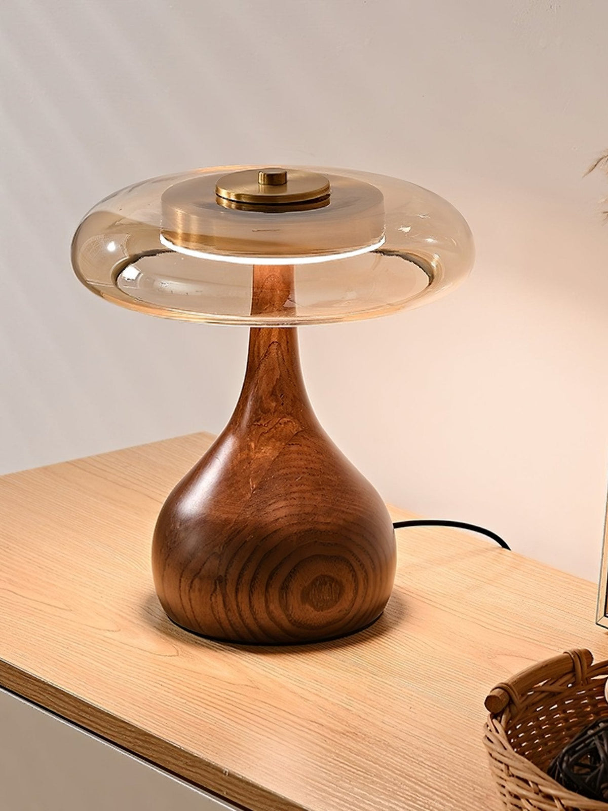 LED Desk Lamp with Amber Glass Shade & Natural Wood Base for Home Office, Bedroom & Nightstand | Adjustable Color Temperature 3000K-6000K