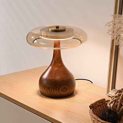 LED Desk Lamp with Amber Glass Shade & Natural Wood Base for Home Office, Bedroom & Nightstand | Adjustable Color Temperature 3000K-6000K